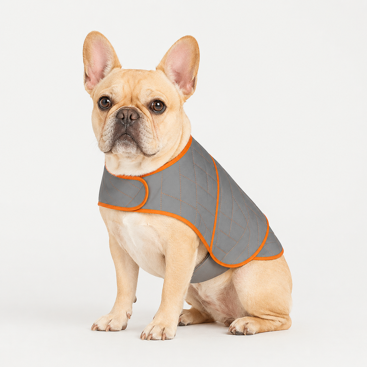 French Bulldog calming vest in soft quilted fabric, breathable and light enough to wear through a storm