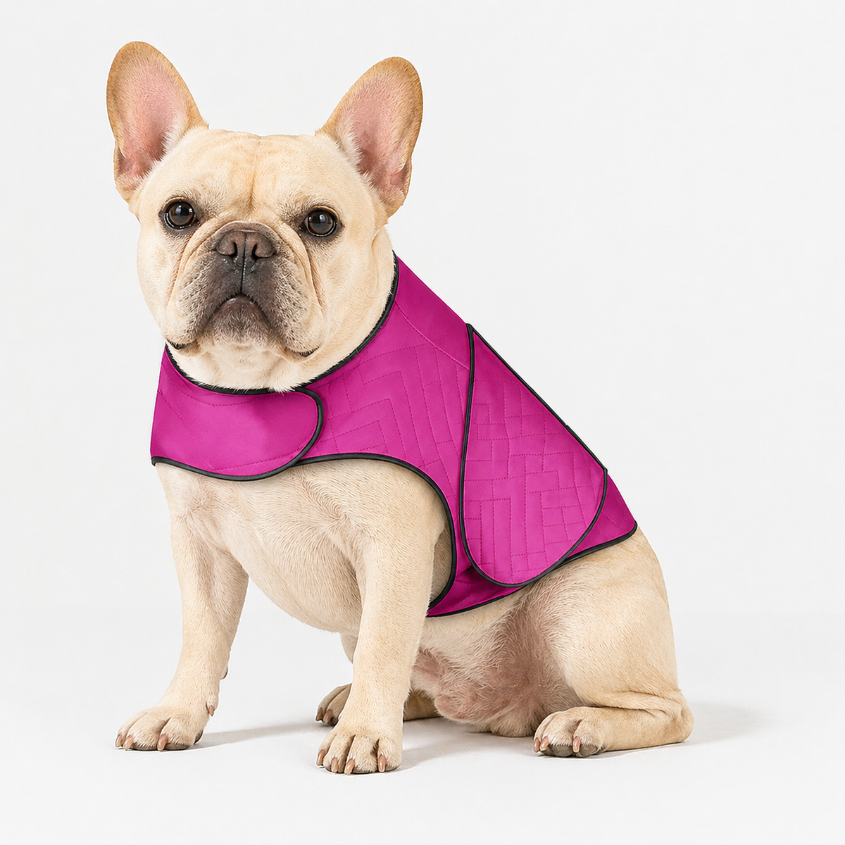 Quilted French Bulldog anxiety jacket with an adjustable wrap closure for steady, even compression