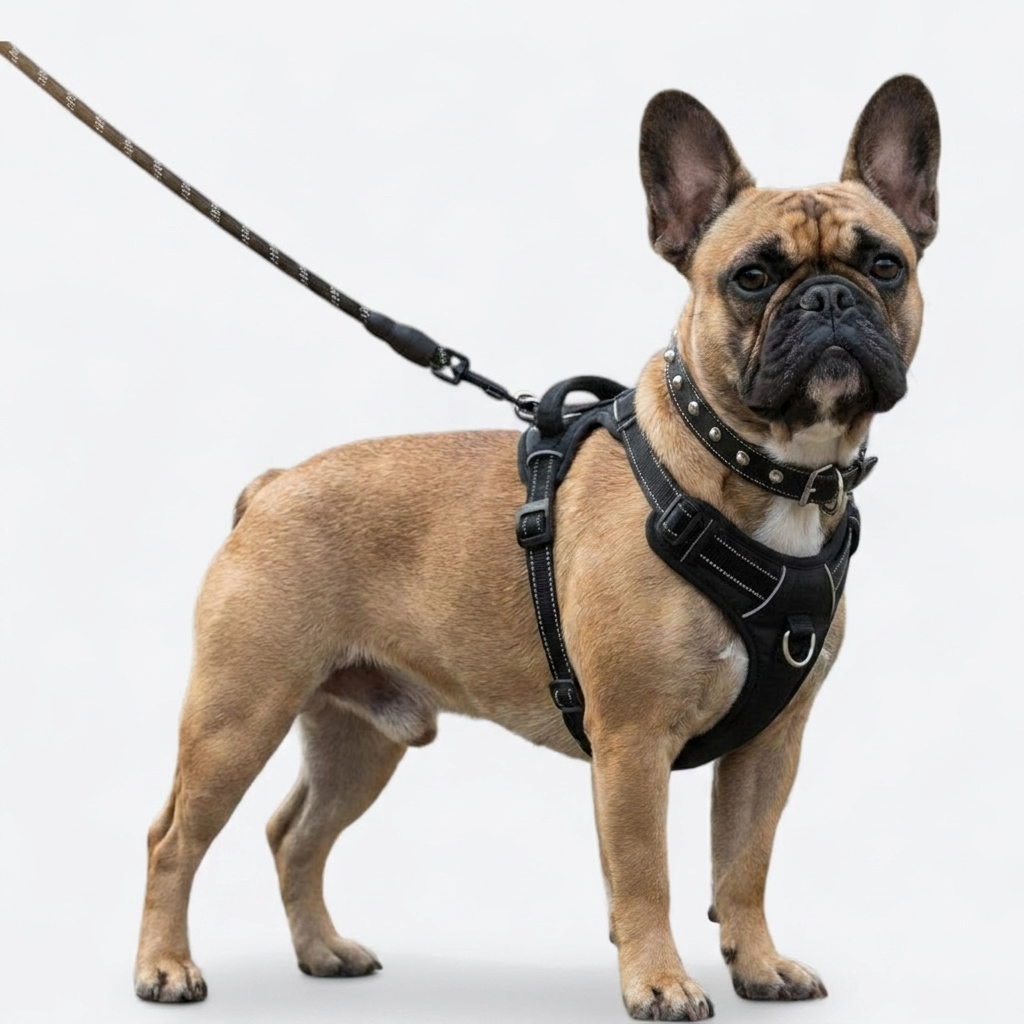 French Bulldog reflective harness collar leash set black