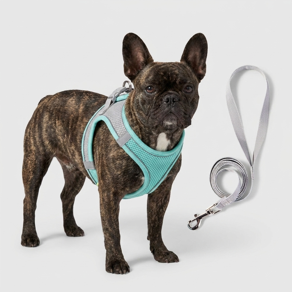 French Bulldog reflective mesh harness leash set blue