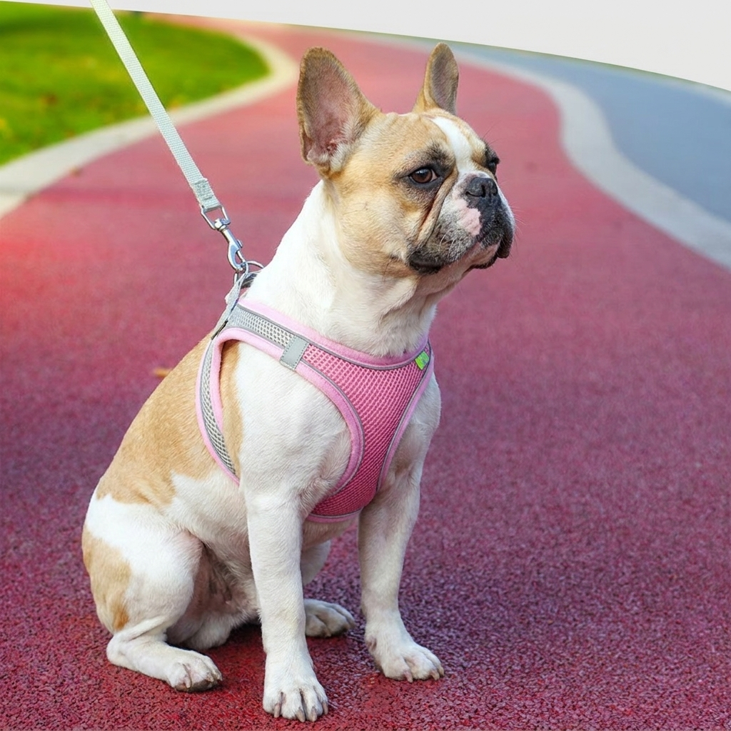 French Bulldog reflective mesh harness leash set orange