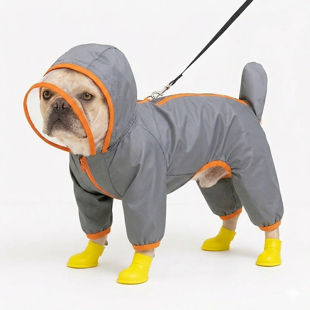 French Bulldog rain suit with elastic cuffs at the legs and reflective strips
