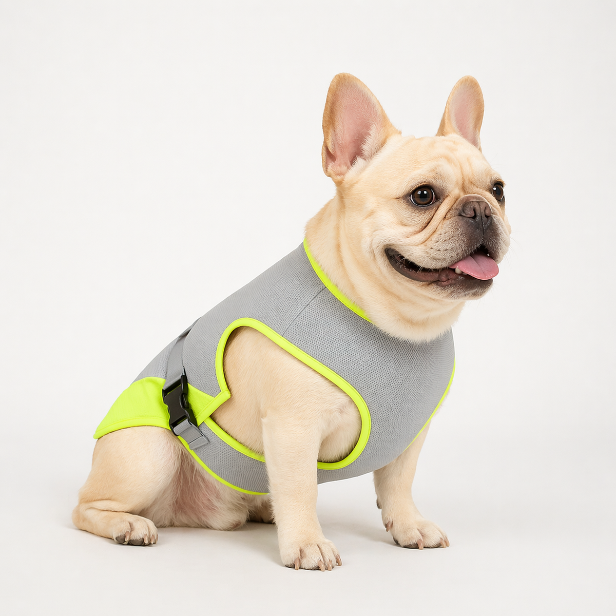 Frenchie cooling vest that releases moisture slowly to draw heat from the chest and back