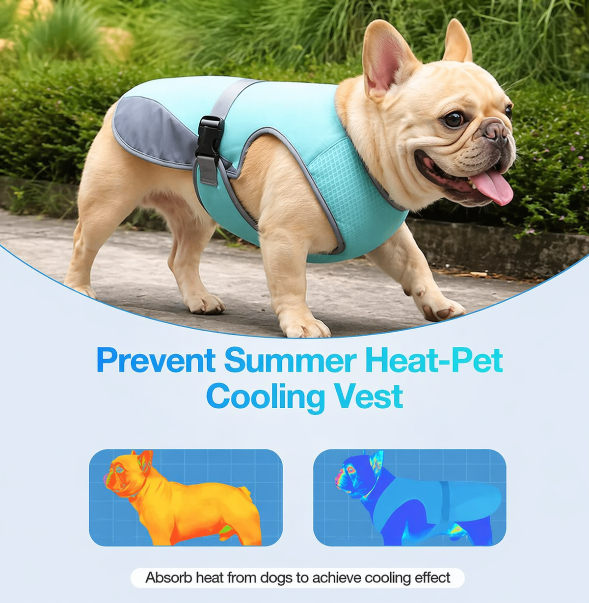 Frenchie cooling vest in sizes S to XL, in blue, yellow-grey, grey-pink or grey-blue