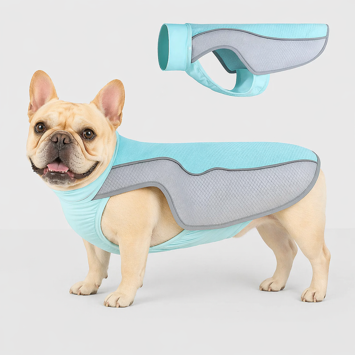 Frenchie summer cooling vest with a soft inner lining for skin prone to irritation
