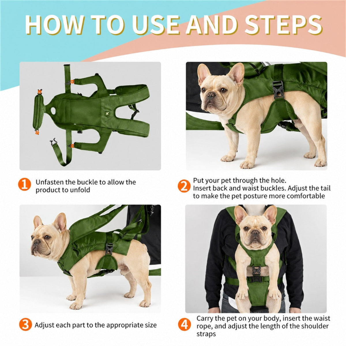 French Bulldog carrier backpack with a one-piece buckle closure