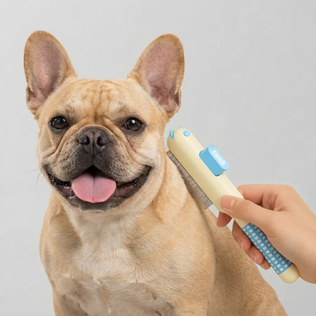 Frenchie grooming brush with fine stainless-steel teeth for short coats