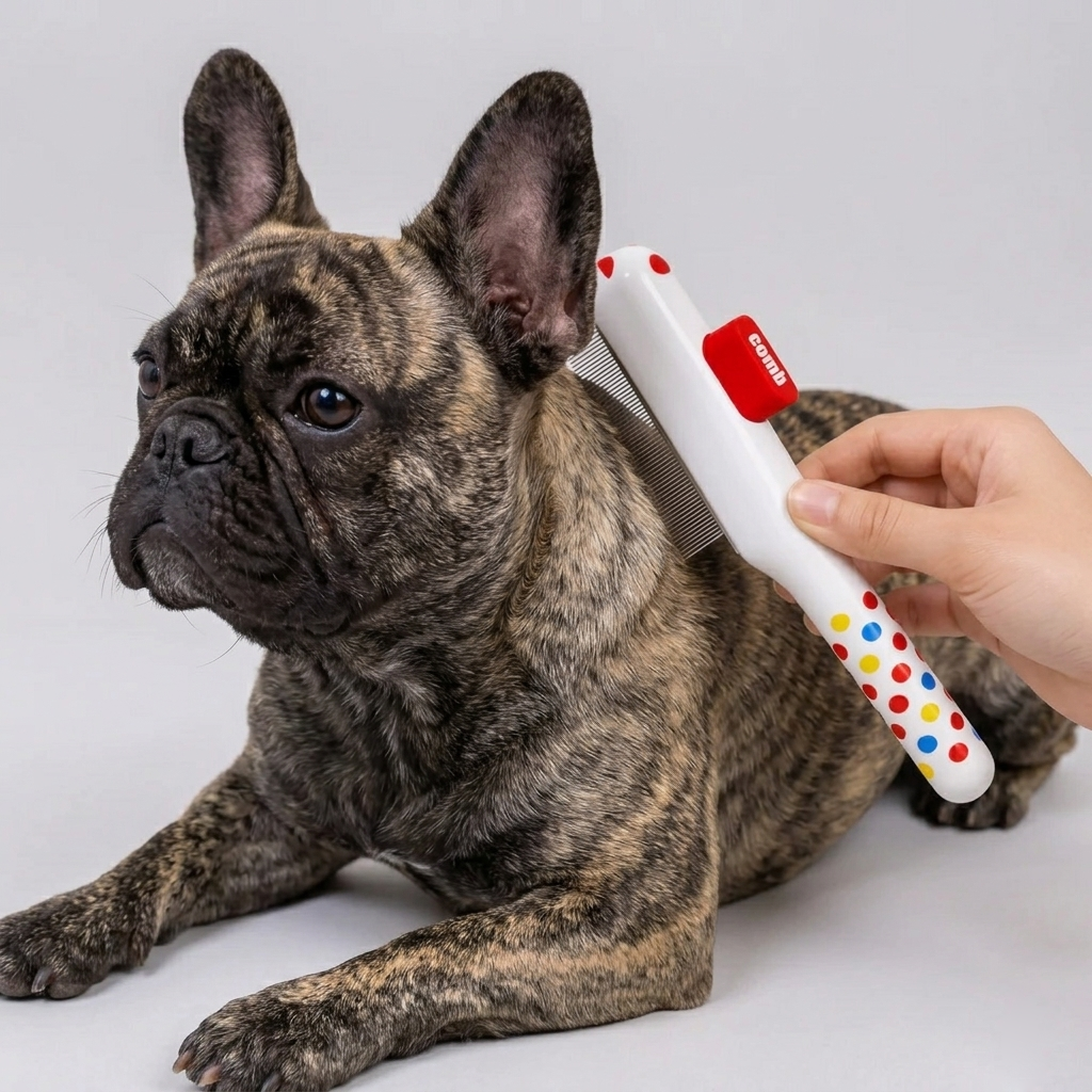 Frenchie self-cleaning grooming brush with a push-button fur release