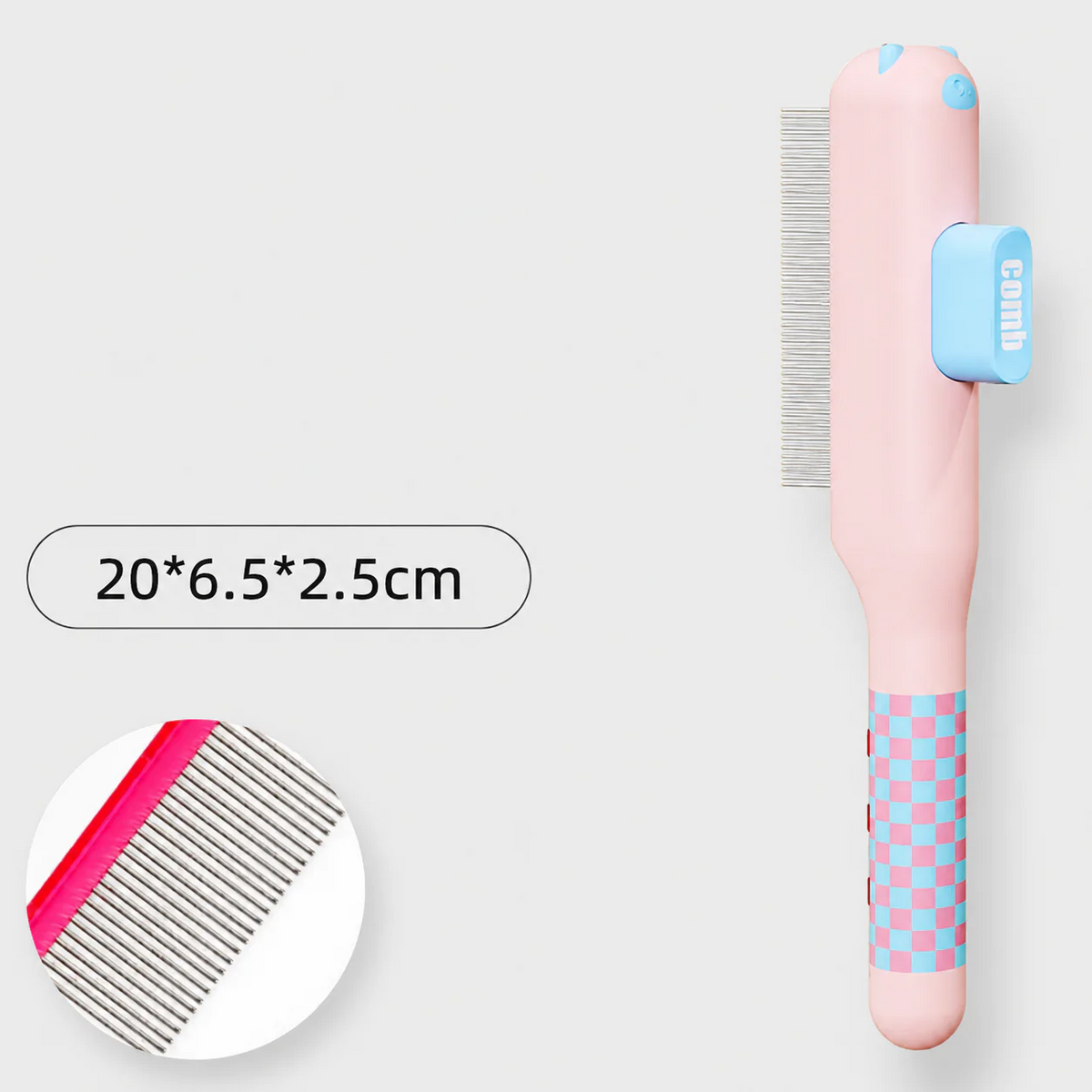 Compact Frenchie grooming brush measuring 20 by 6.5 by 2.5 cm