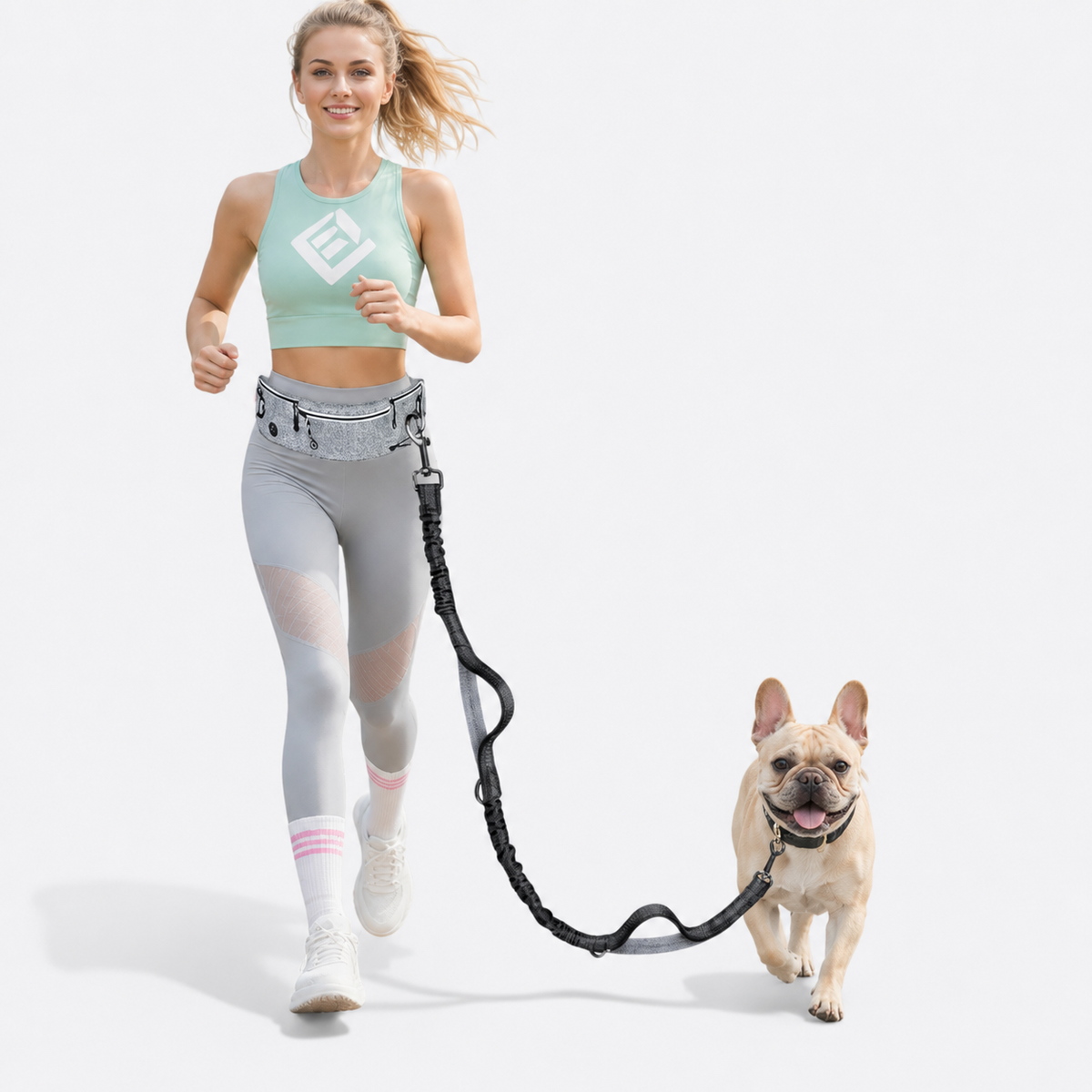 French Bulldog waist belt leash with a 250 to 550 ml bottle holder