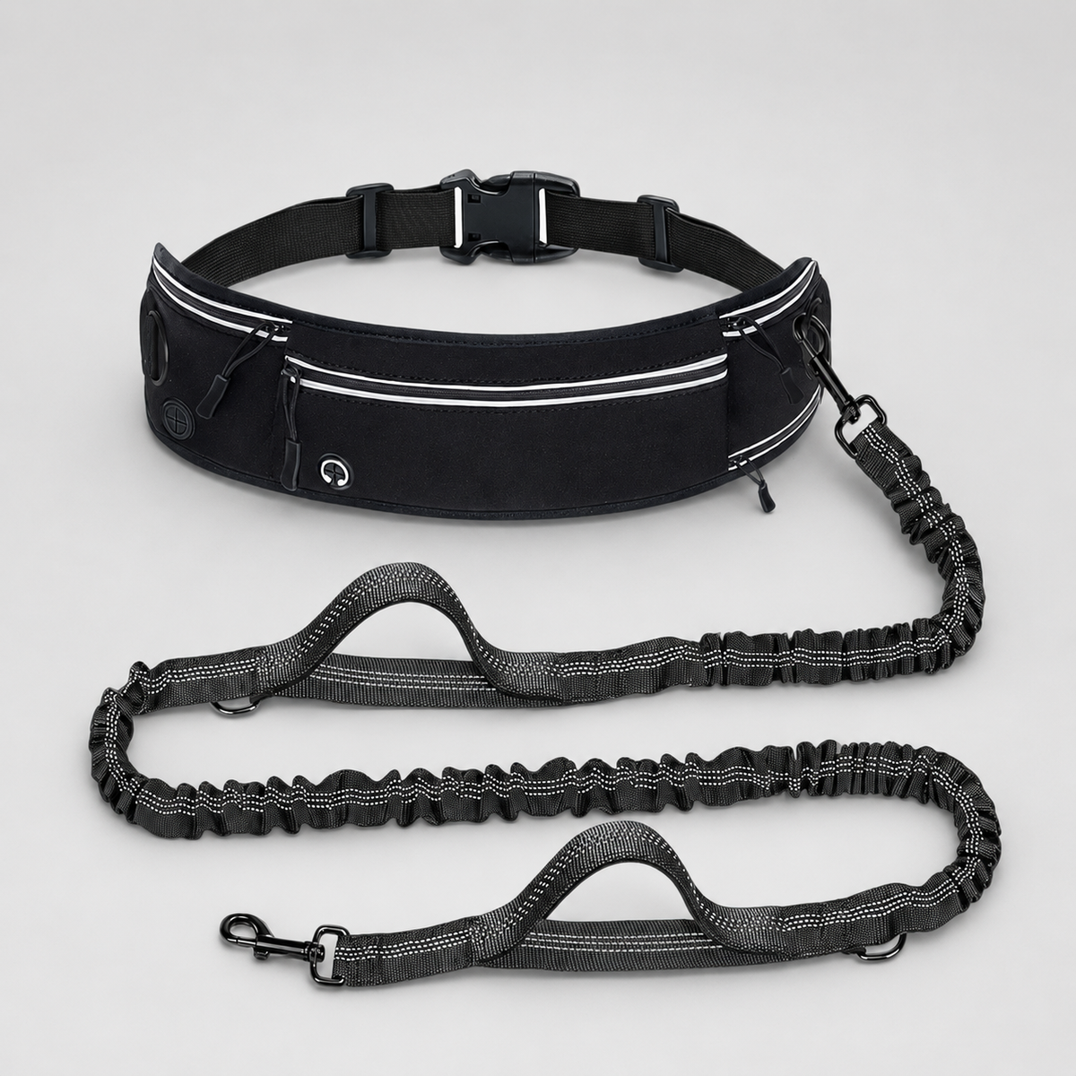 Hands-free French Bulldog leash belt with a zip pocket and trash bag compartment