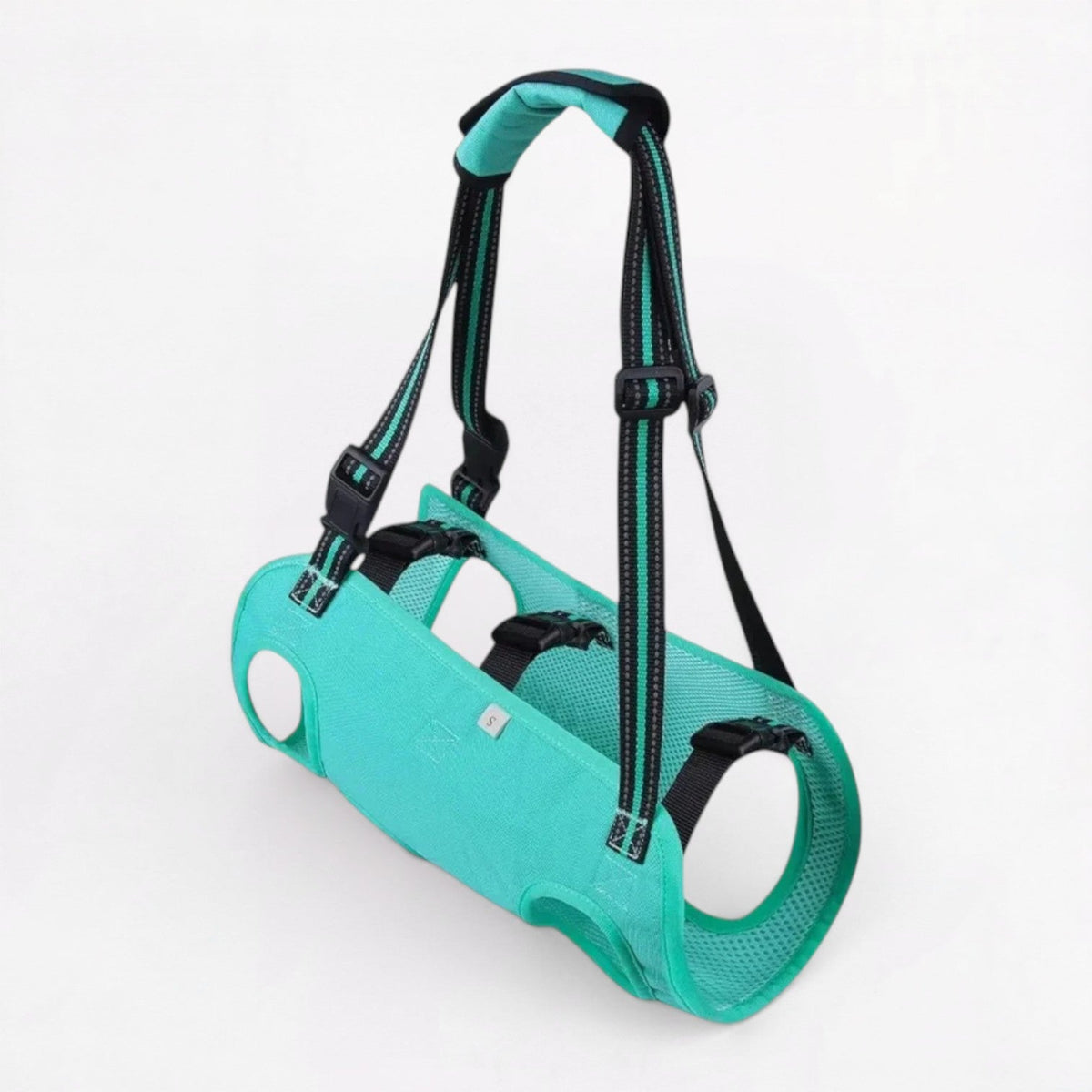 Full-body French Bulldog support harness in green and black, sizes S to XL