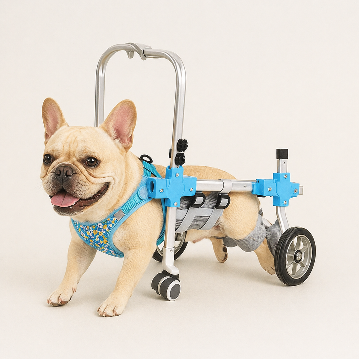 Adjustable rear support wheelchair for French Bulldogs recovering from surgery or hind leg weakness