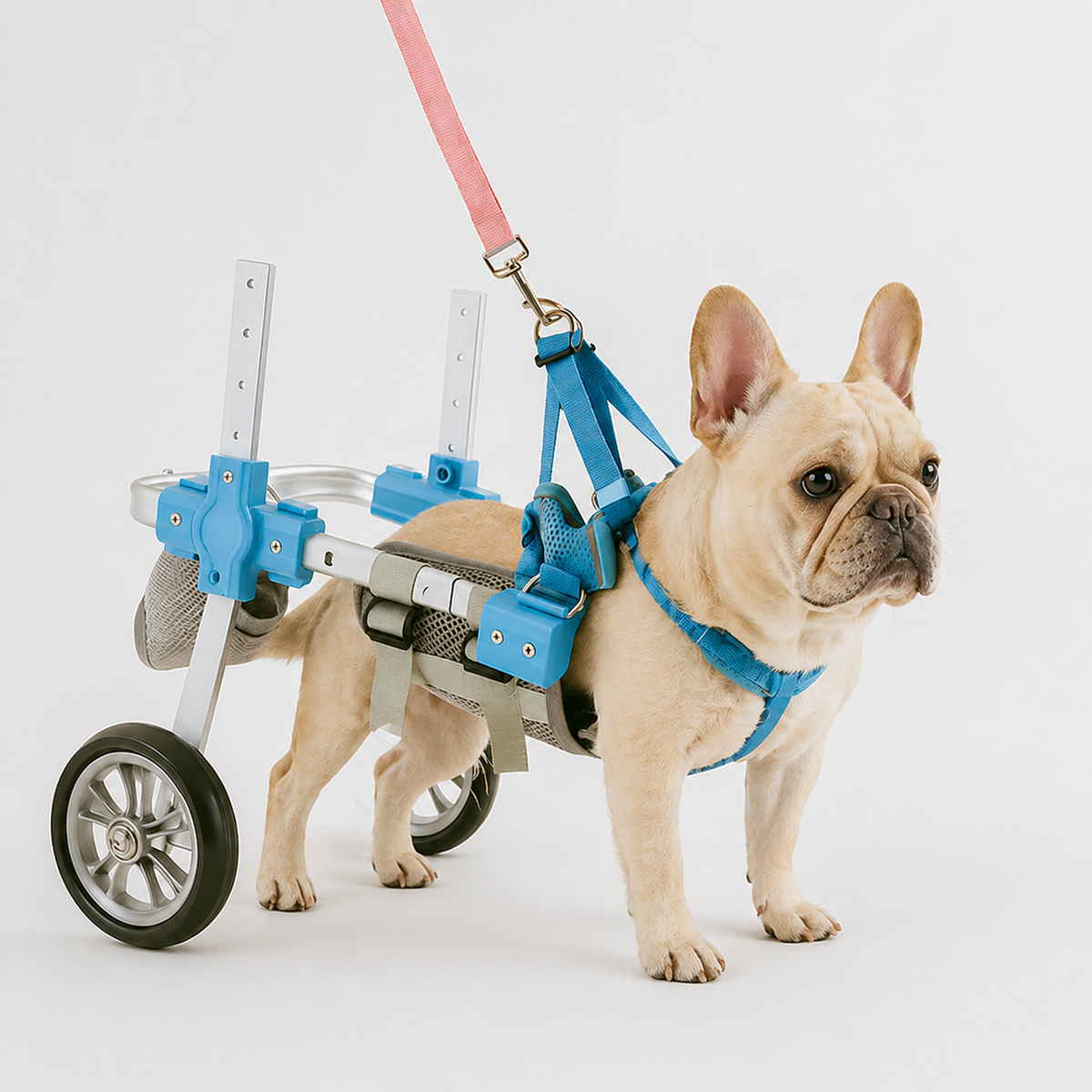 French Bulldog wheelchair with an adjustable aluminium frame and a padded mesh harness