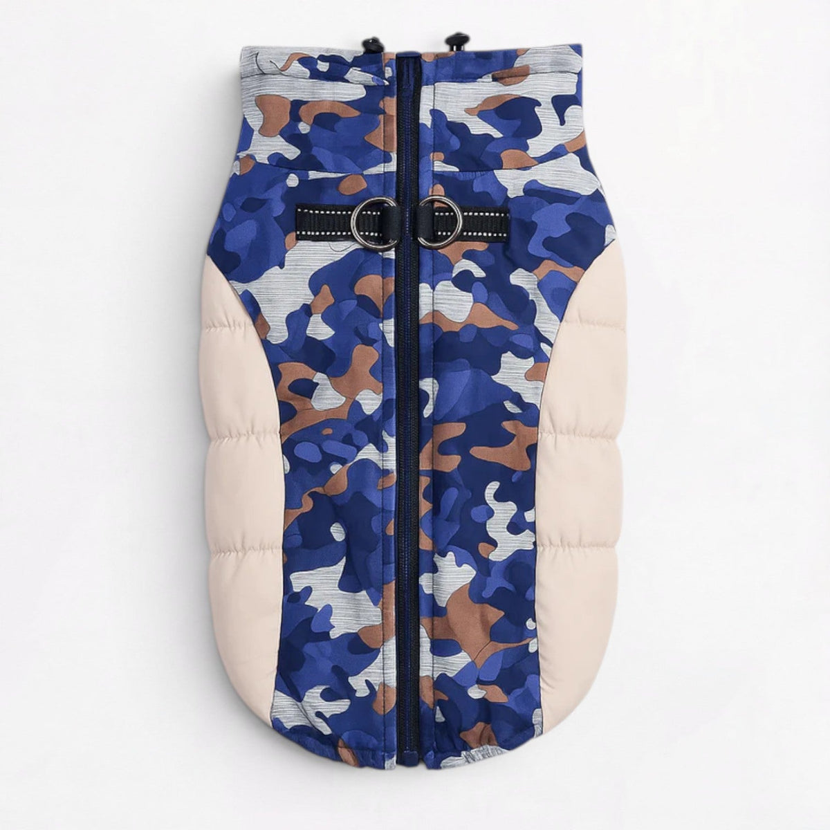Padded camo Frenchie jacket with a wind-resistant shell for cold walks