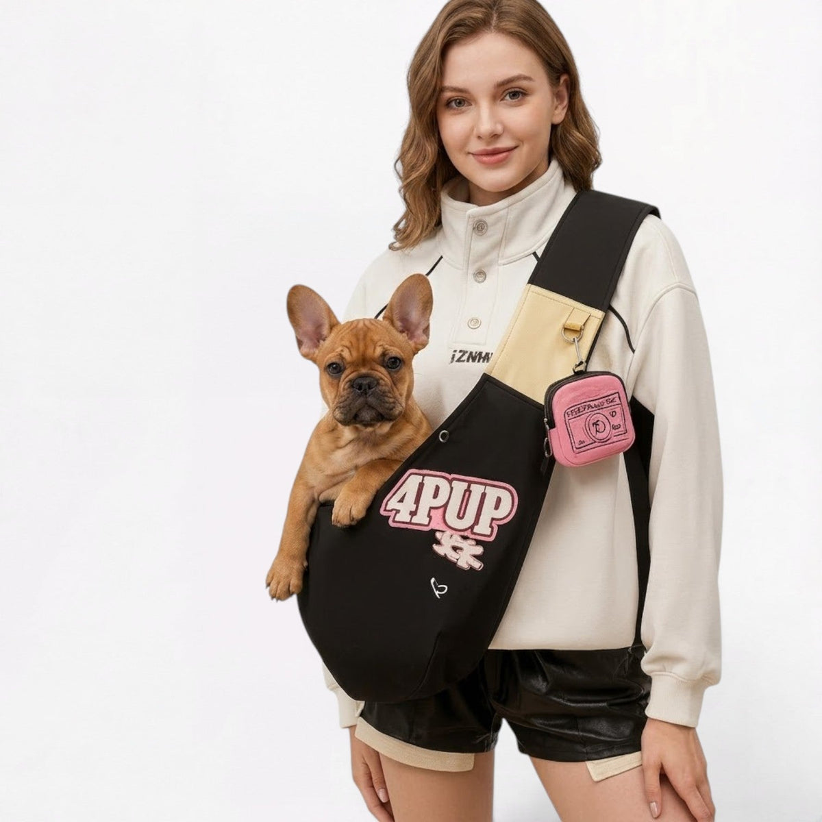 French Bulldog sling carrier with a soft padded crossbody shoulder strap