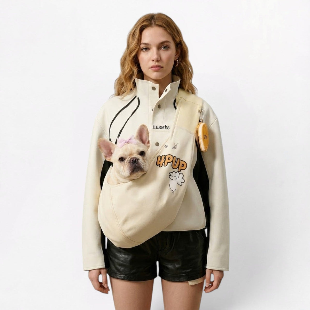 French Bulldog crossbody sling with a built-in anti-escape safety hook inside the pouch