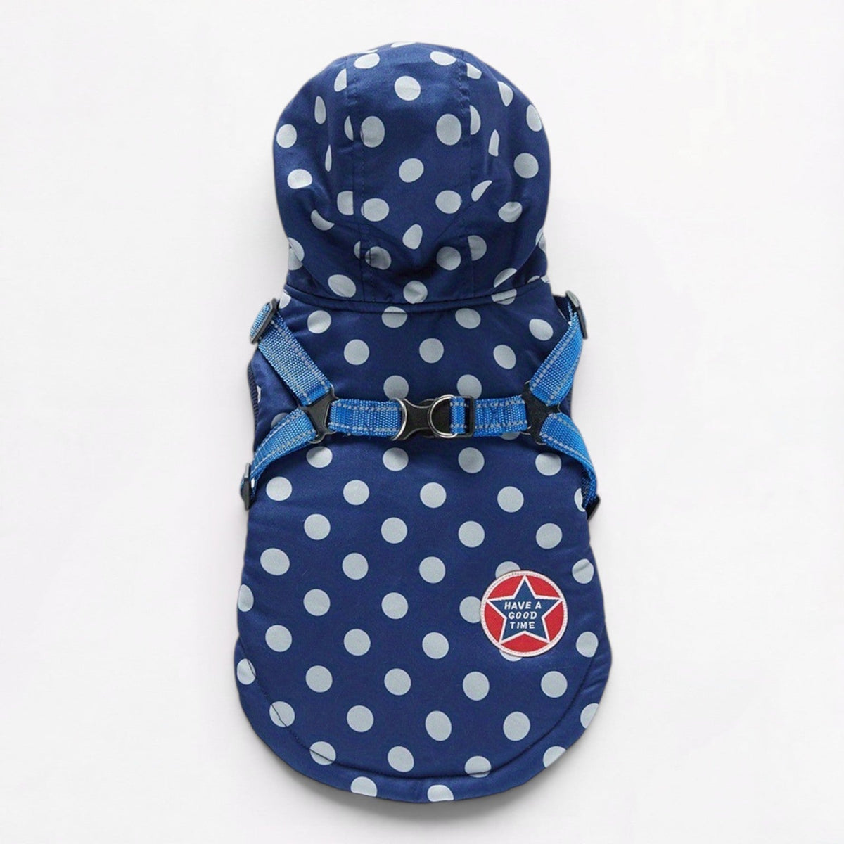 Polka dot French Bulldog harness jacket in sizes S to 2XL, in pink or blue