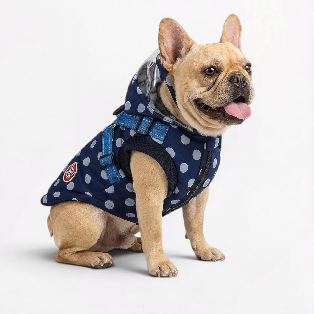 Water-resistant hooded French Bulldog jacket with a soft inner lining