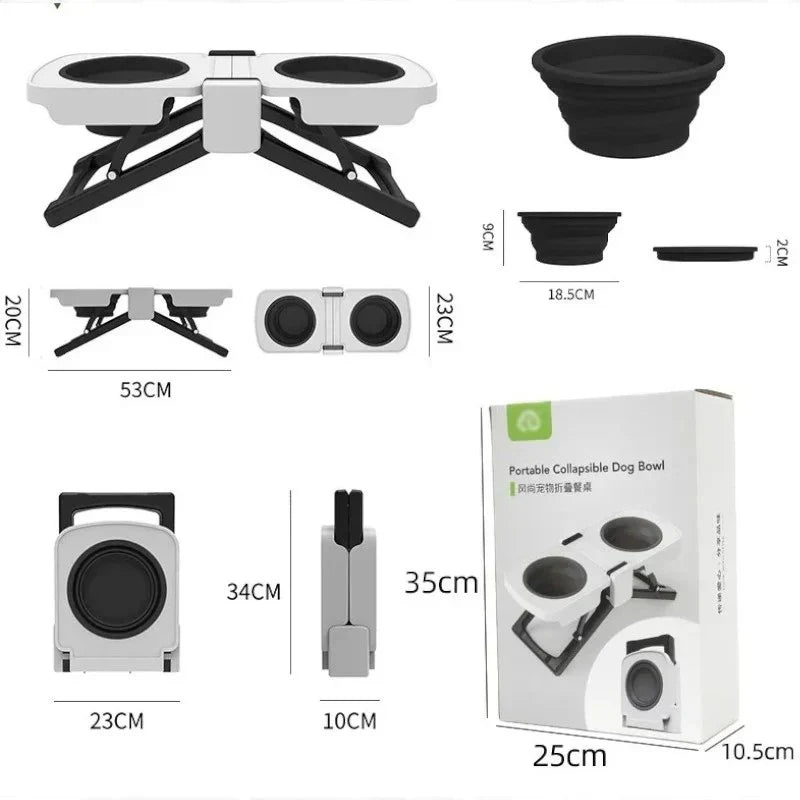 Frenchie elevated feeder with adjustable stand legs that set food and water at the height you want