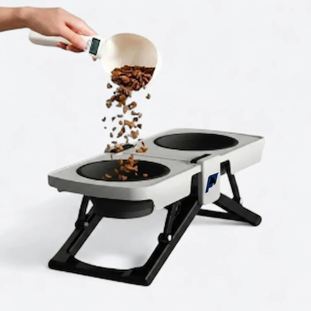 Frenchie feeder stand folding flat suitcase-style to roughly 34 x 23 x 10 cm with a carry handle