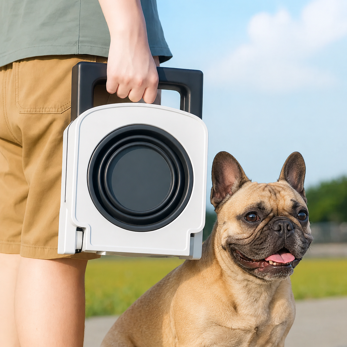 Lightweight Frenchie travel feeder with a built-in carrying handle and stable folding support legs