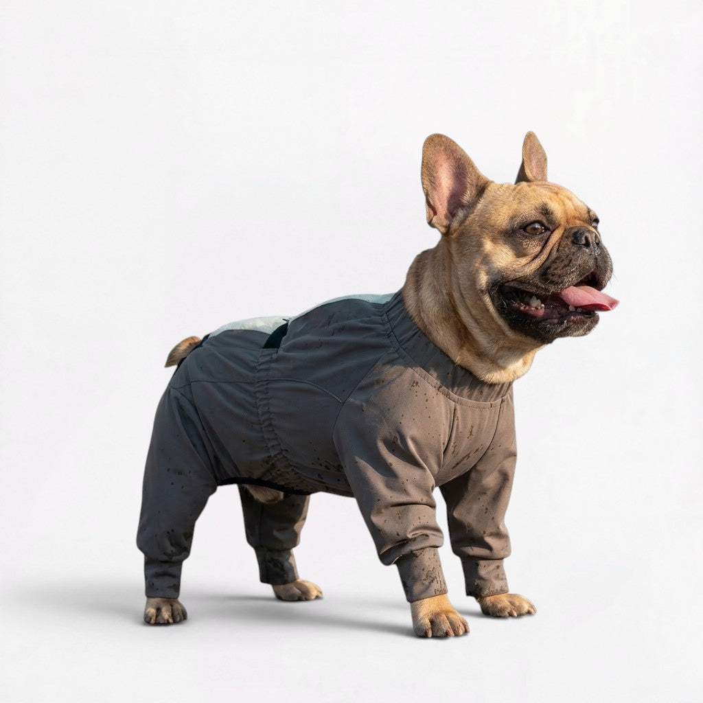 Open-back waterproof jumpsuit for French Bulldogs in ten sizes from S to 7XL