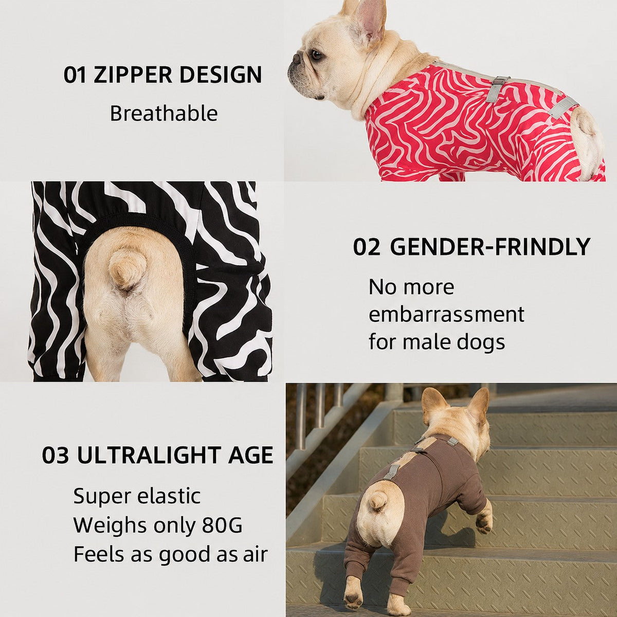 French Bulldog rain jumpsuit in leopard print, zebra pattern and magnetite