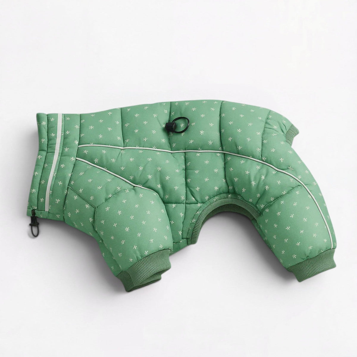 Insulated Frenchie snowsuit with ribbed stretch cuffs at the legs