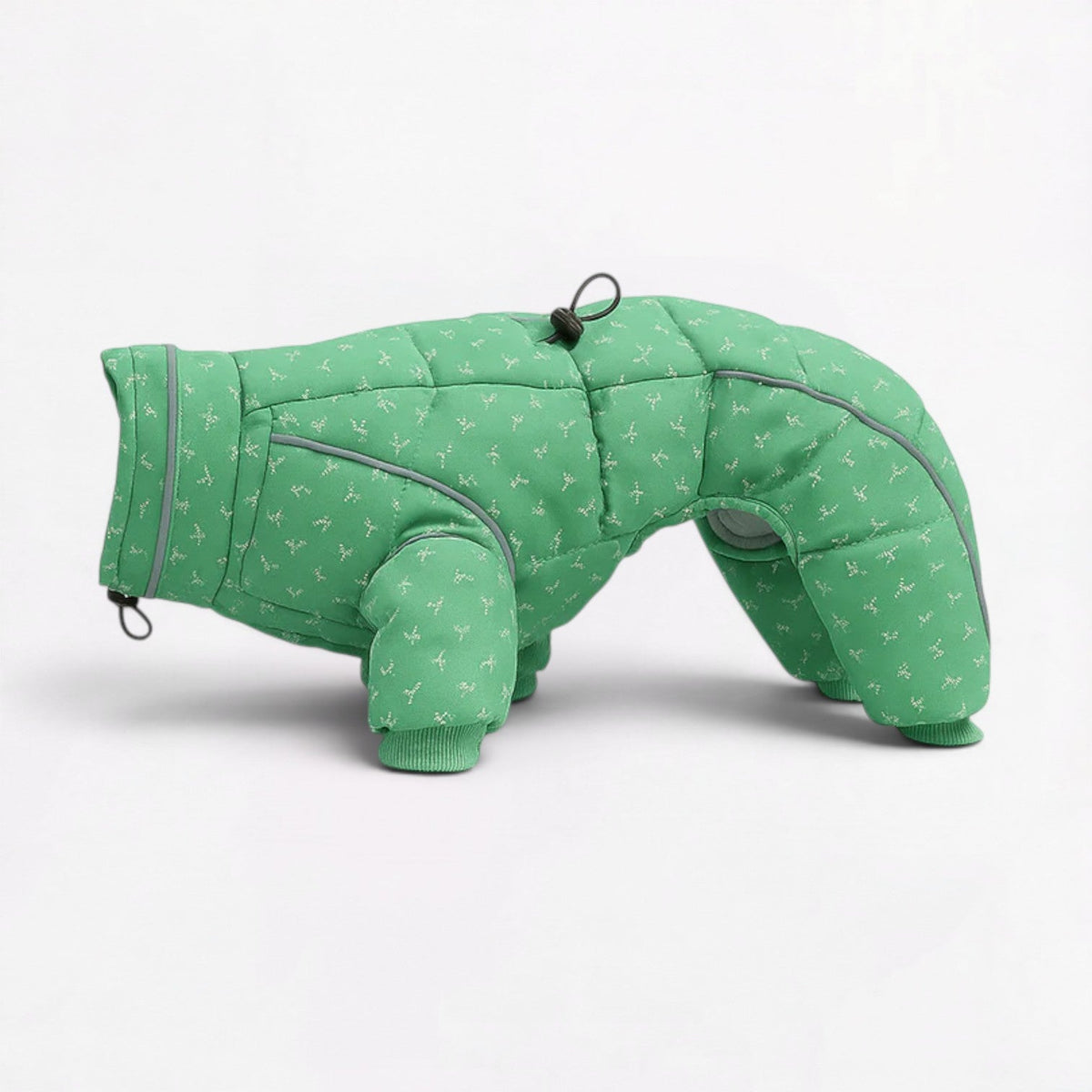 Frenchie winter jumpsuit in Green with reflective detailing for dark walks