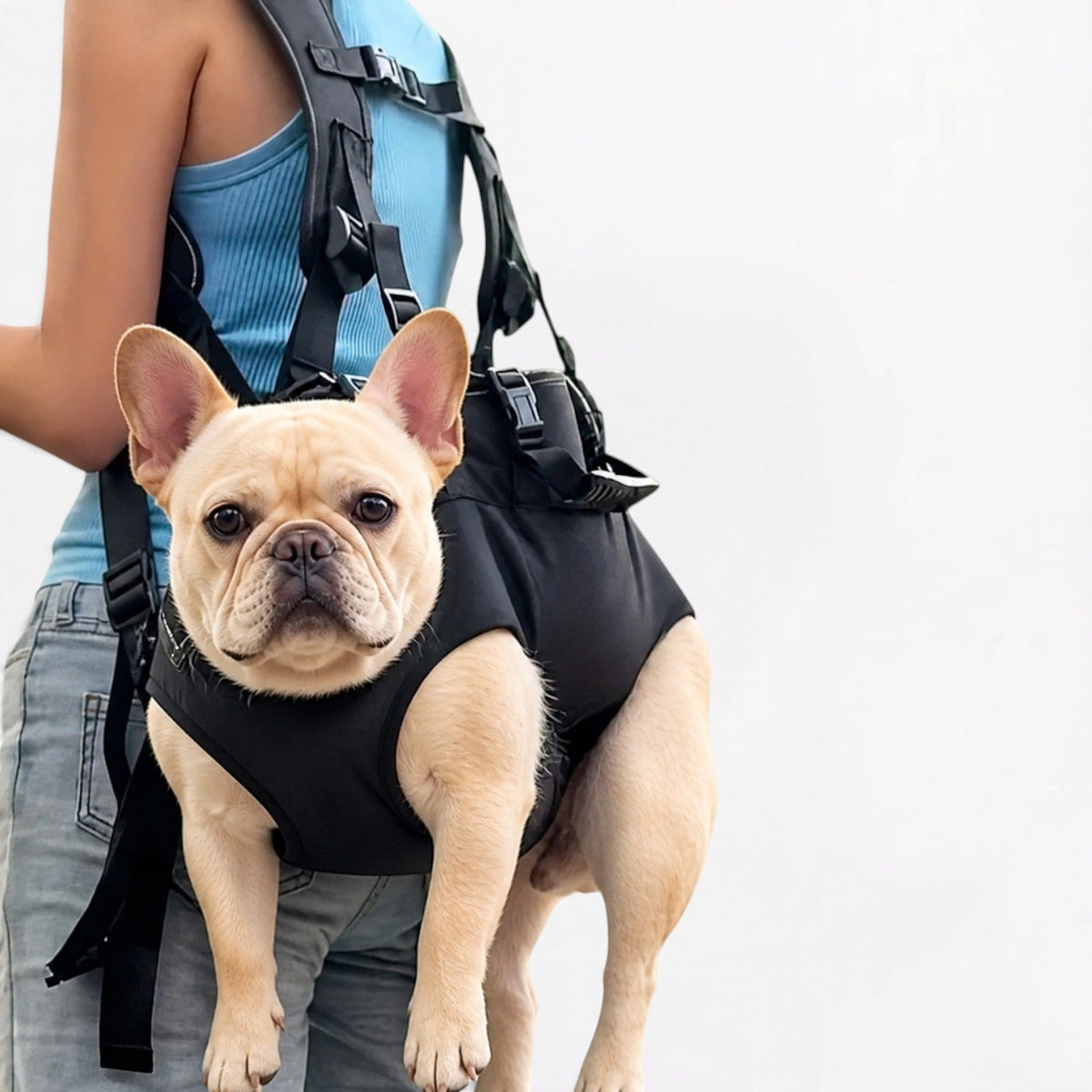 Hands-free French Bulldog carrier backpack with a harness-style seat