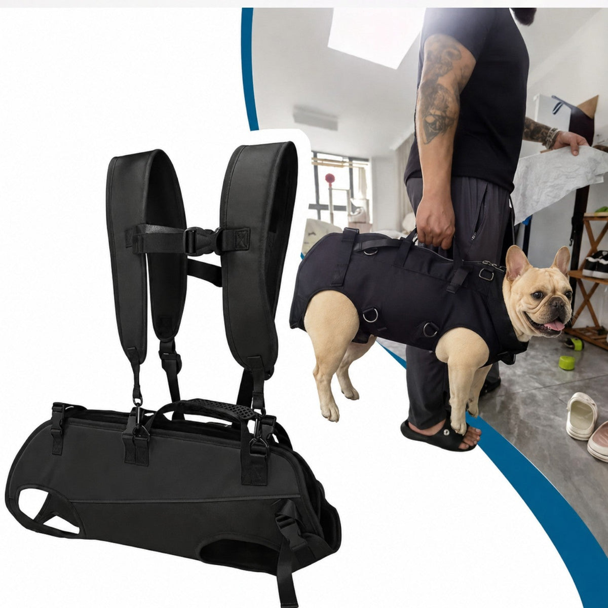 French Bulldog carrier with front carry, side carry and walking support modes