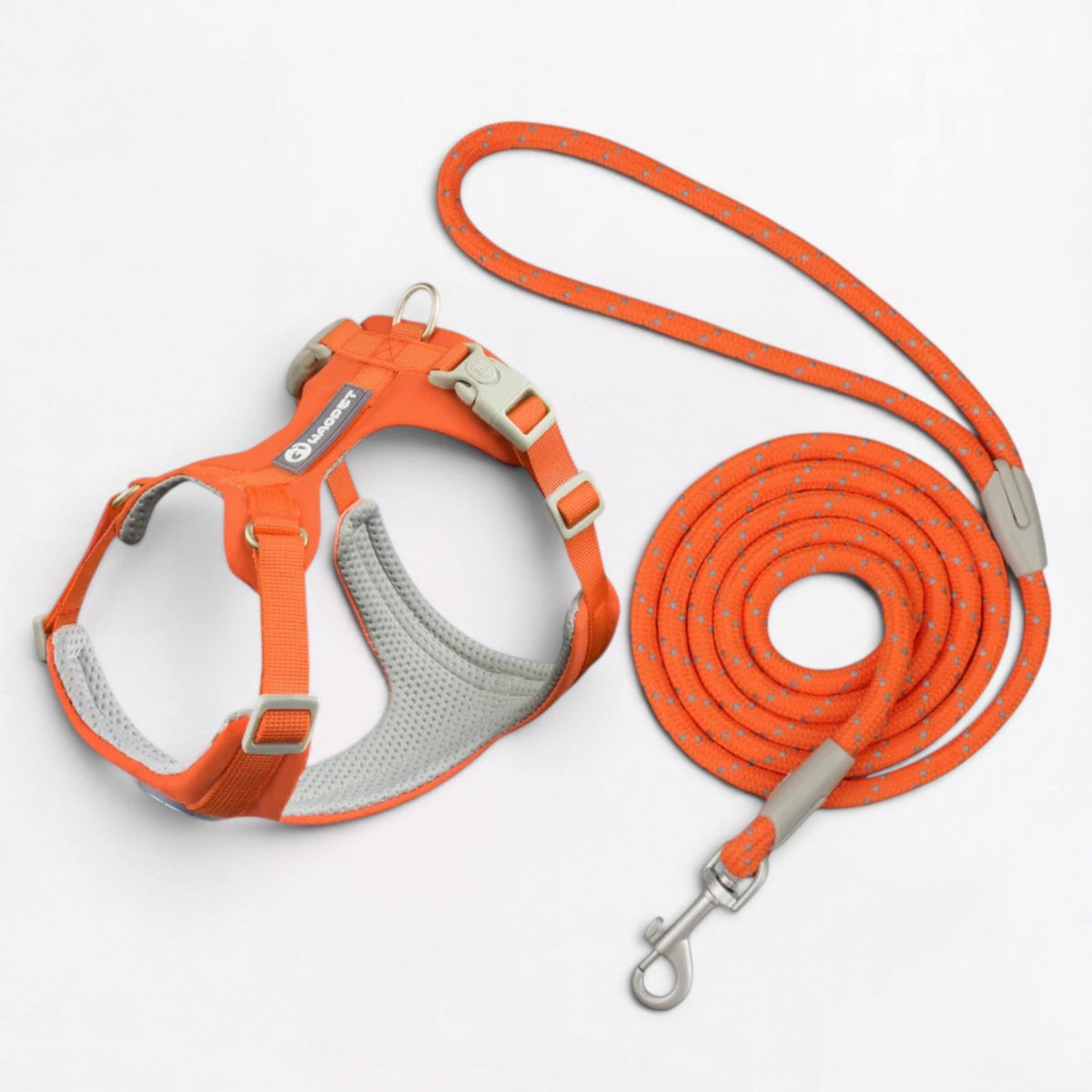 French Bulldog harness with a quick-release buckle for fitting over a short muzzle