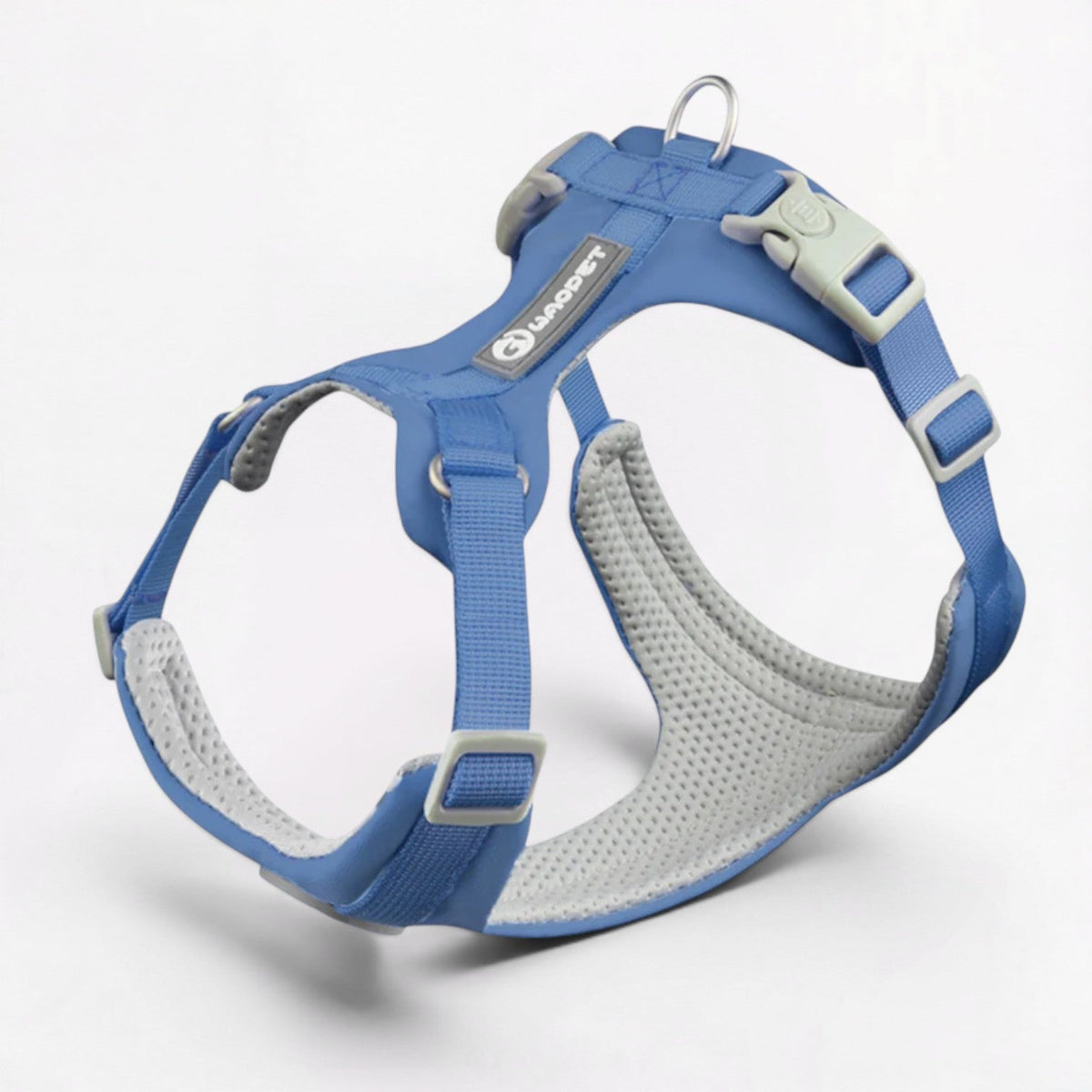 French Bulldog harness with an aviation-grade aluminium D-ring leash anchor