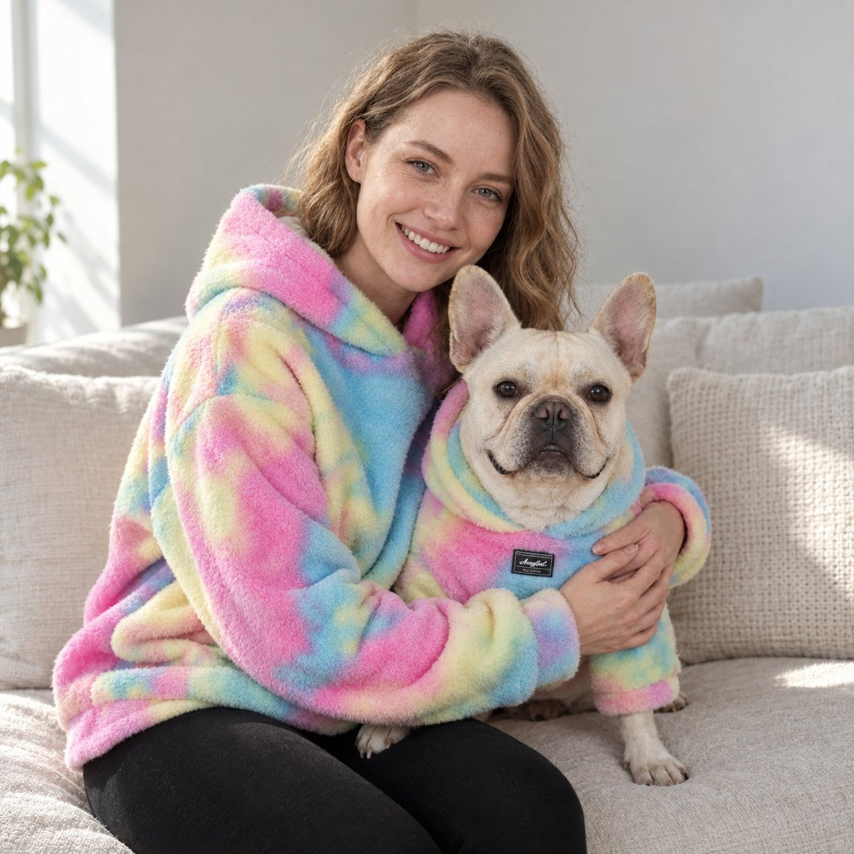 Stretchy fleece Frenchie hoodie cut for a deep chest and short back