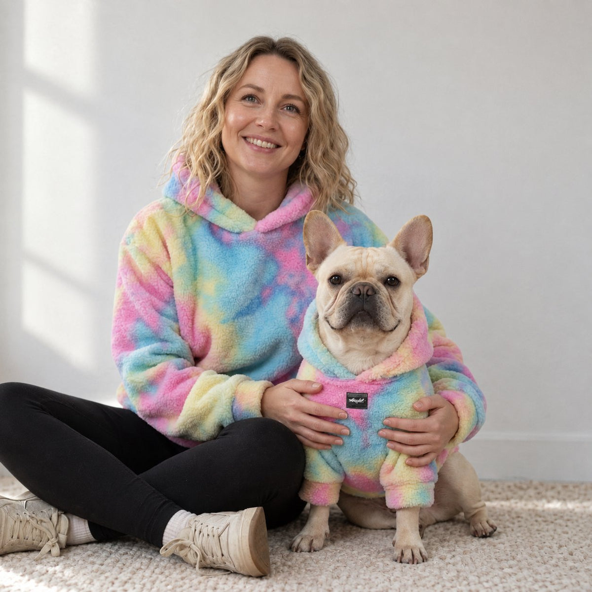 Rainbow tie-dye Frenchie hoodie in stretchy soft fleece