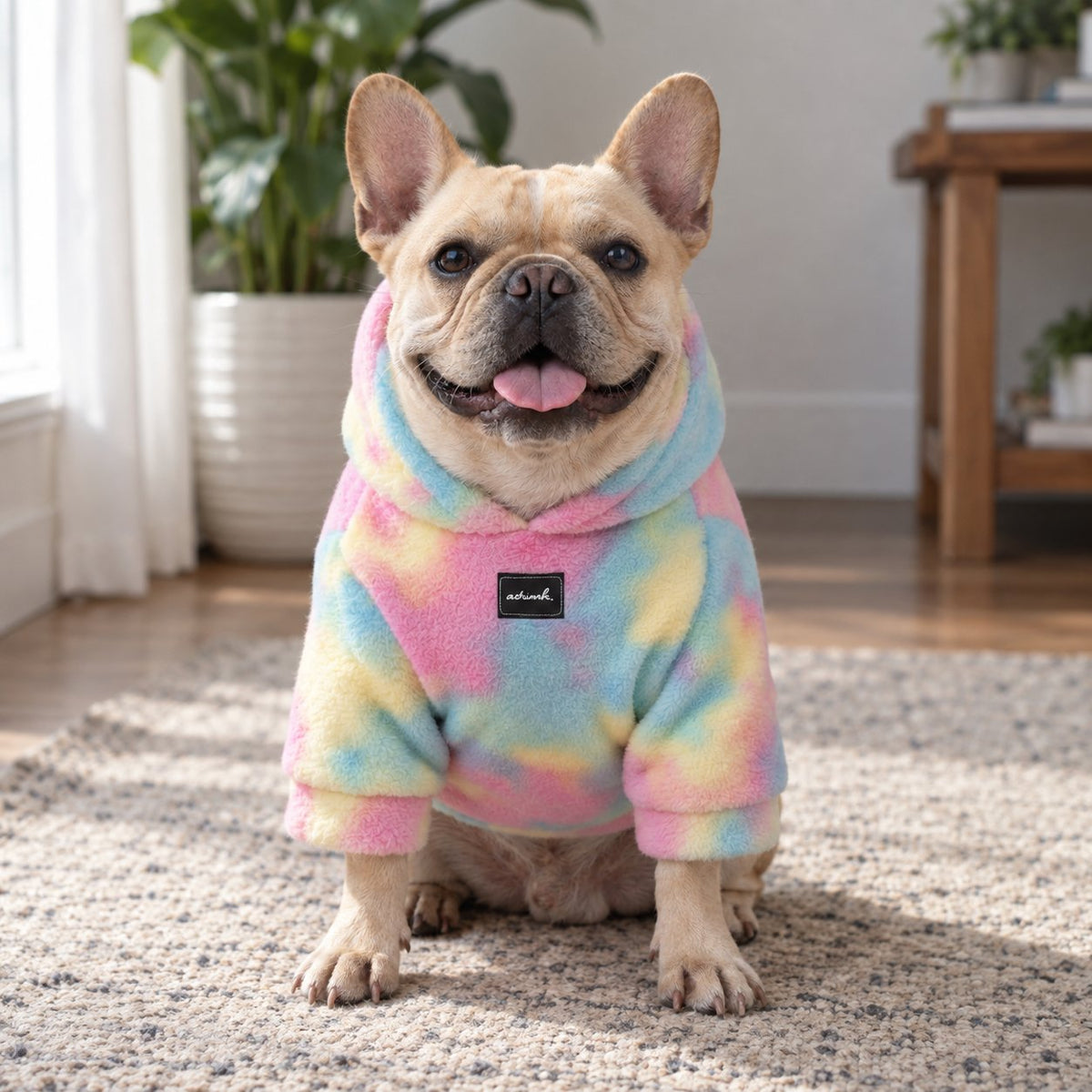 Matching rainbow tie-dye owner hoodie in the same multi-color wash