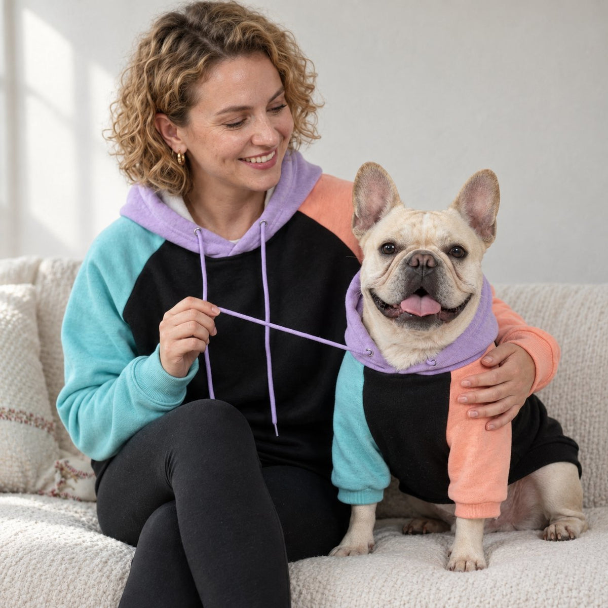 Flexible Frenchie hoodie that stretches over a broad chest