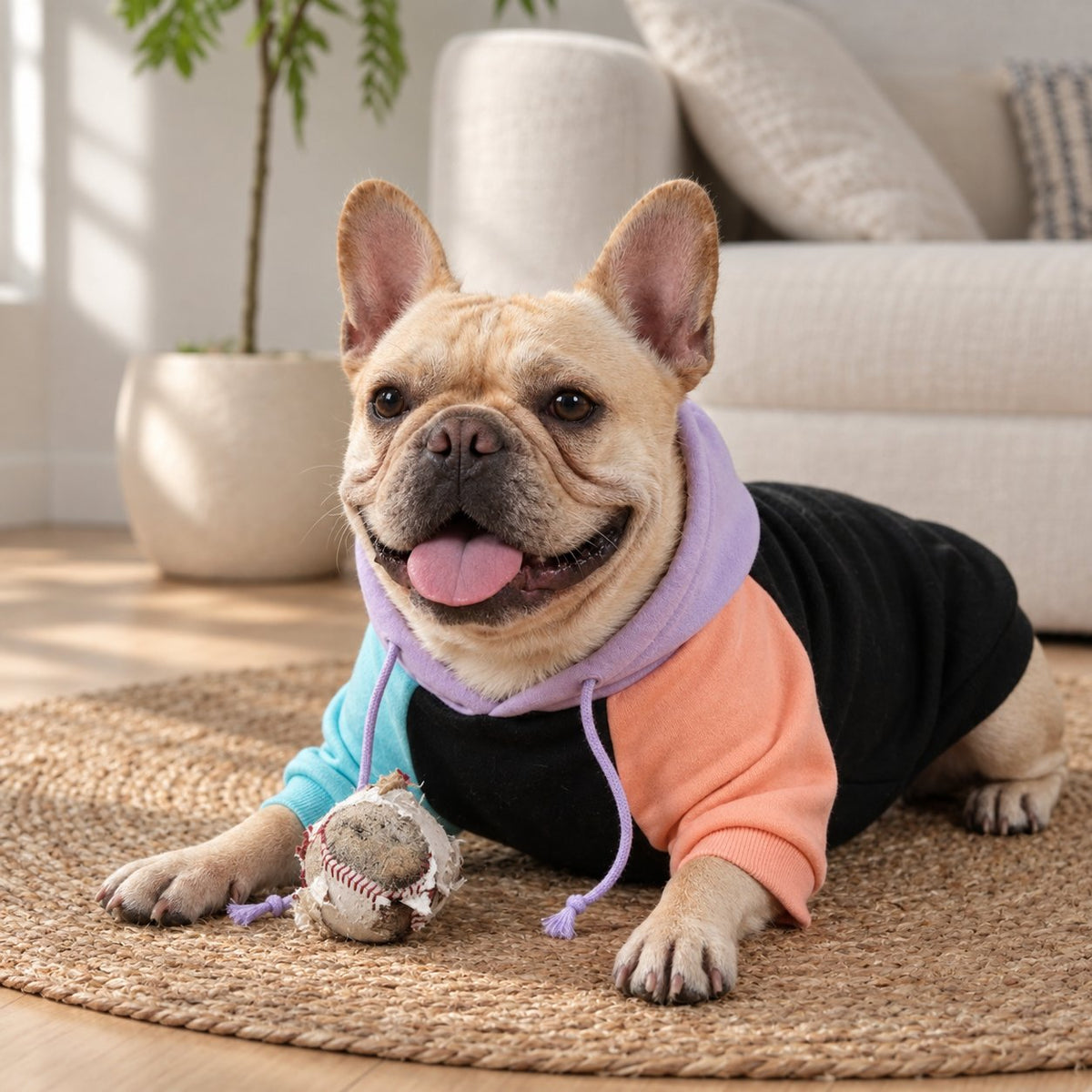 Snug-fitting Frenchie hoodie that stays in place without restricting movement
