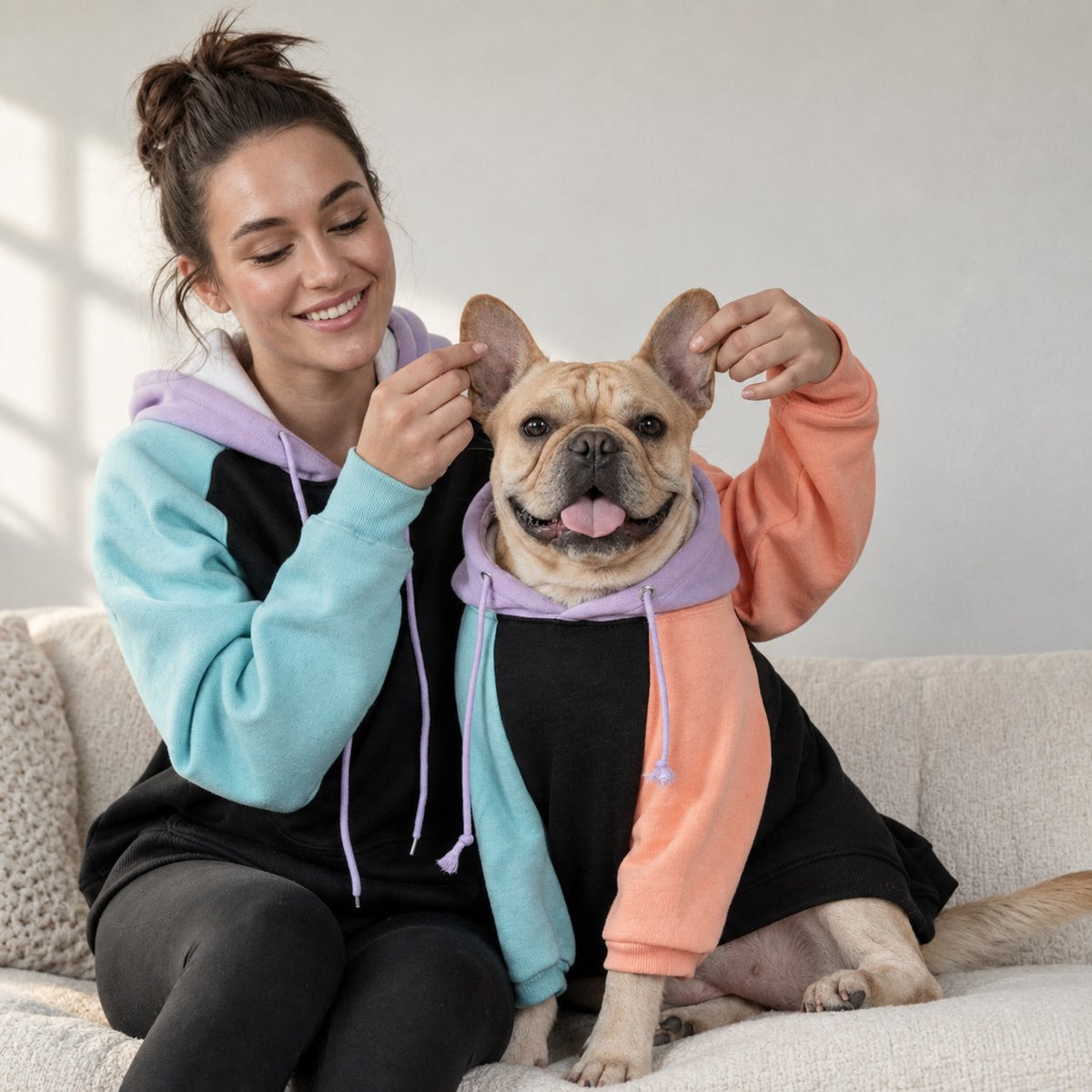 Coordinated Frenchie and owner hoodie set in a blocked color design