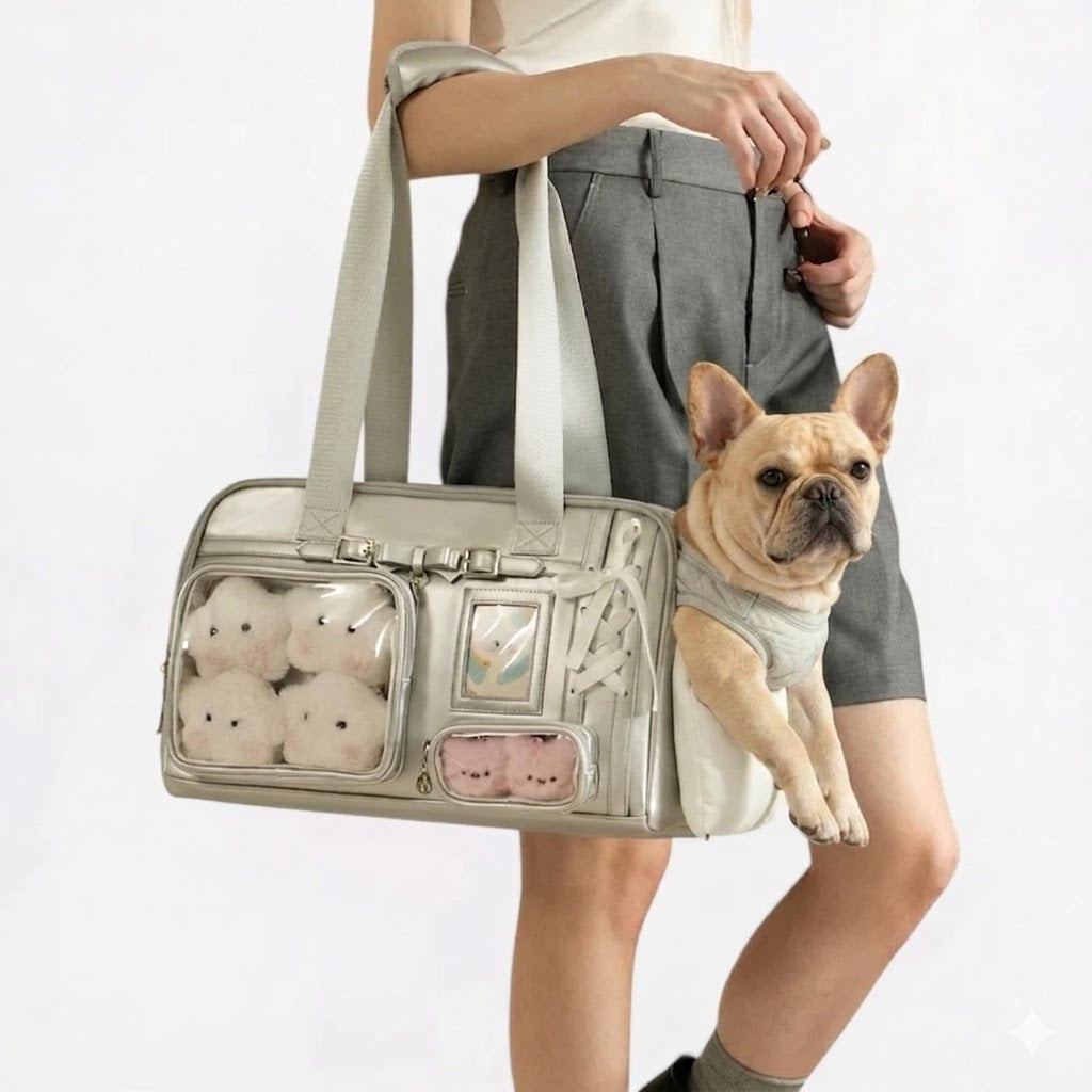 French Bulldog carrier bag with a padded side opening to settle into
