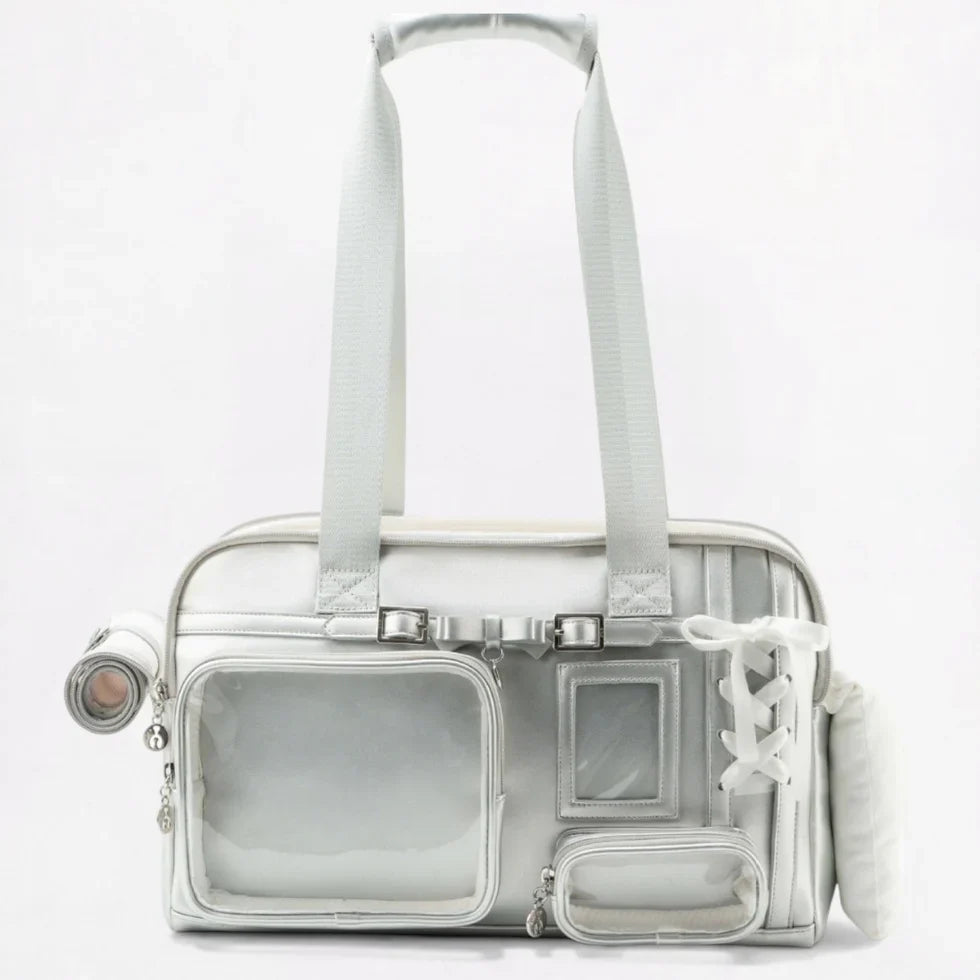 Carrier bag for French Bulldogs with clear storage pockets for treats and poop bags