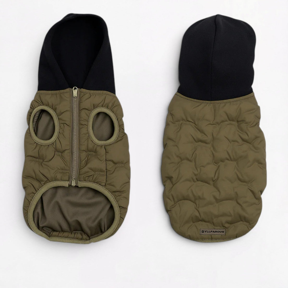 Padded hooded Frenchie vest with a wind-resistant outer layer