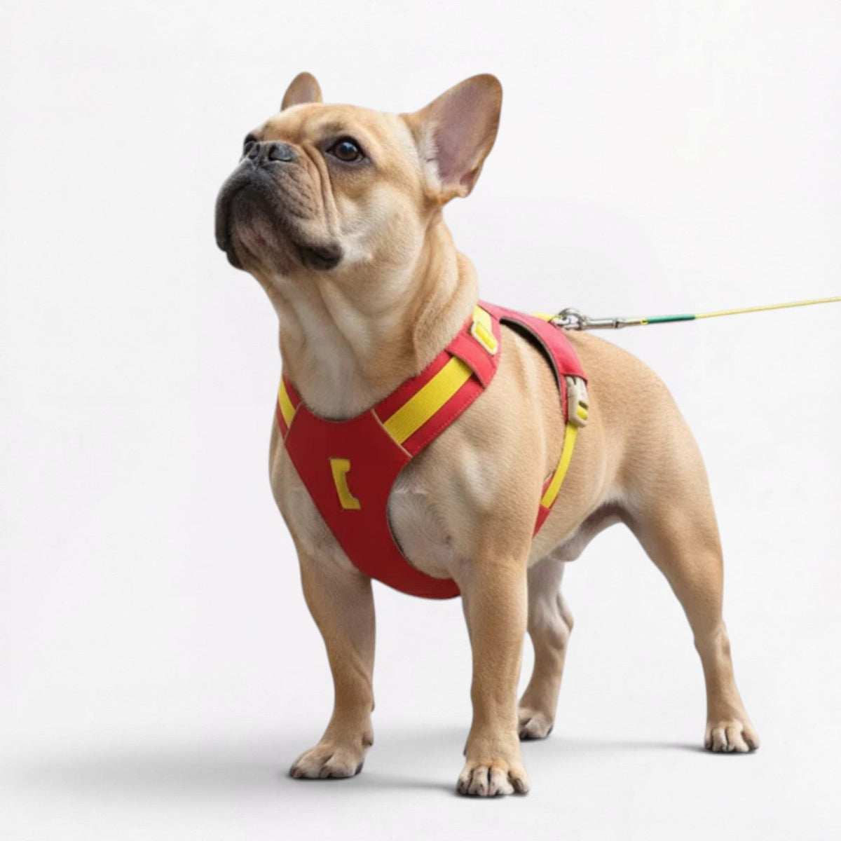 French Bulldog harness that spreads pulling force across the sternum rather than the throat
