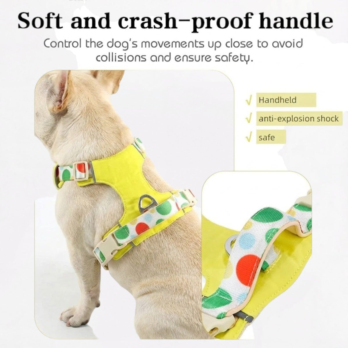 Polka-dot French Bulldog no-pull harness in blue