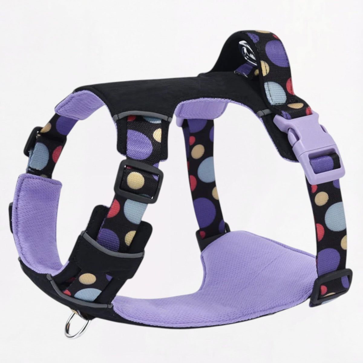 Polka-dot French Bulldog no-pull harness in black