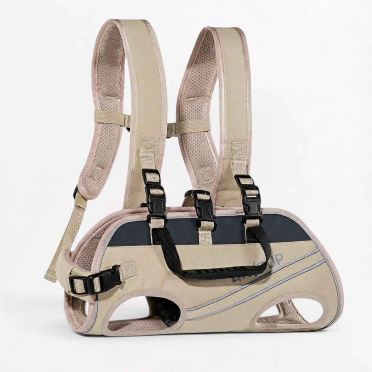 French Bulldog carrier worn on the front or the back, with padded shoulder straps