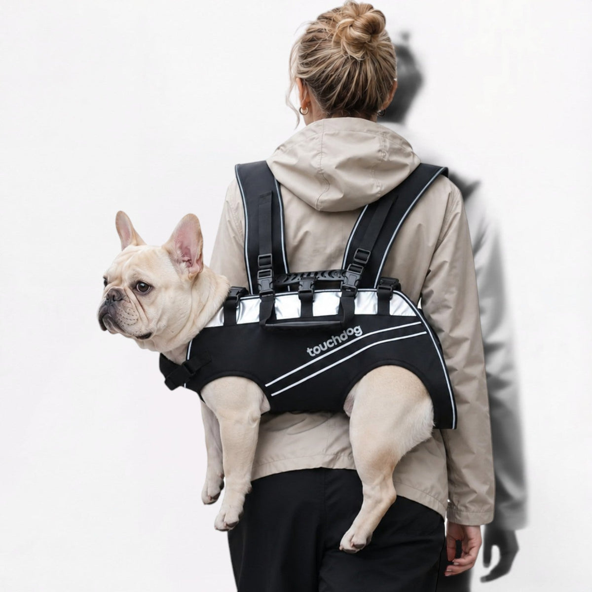 French Bulldog backpack carrier with full-wrap reflective strips on both sides and the back