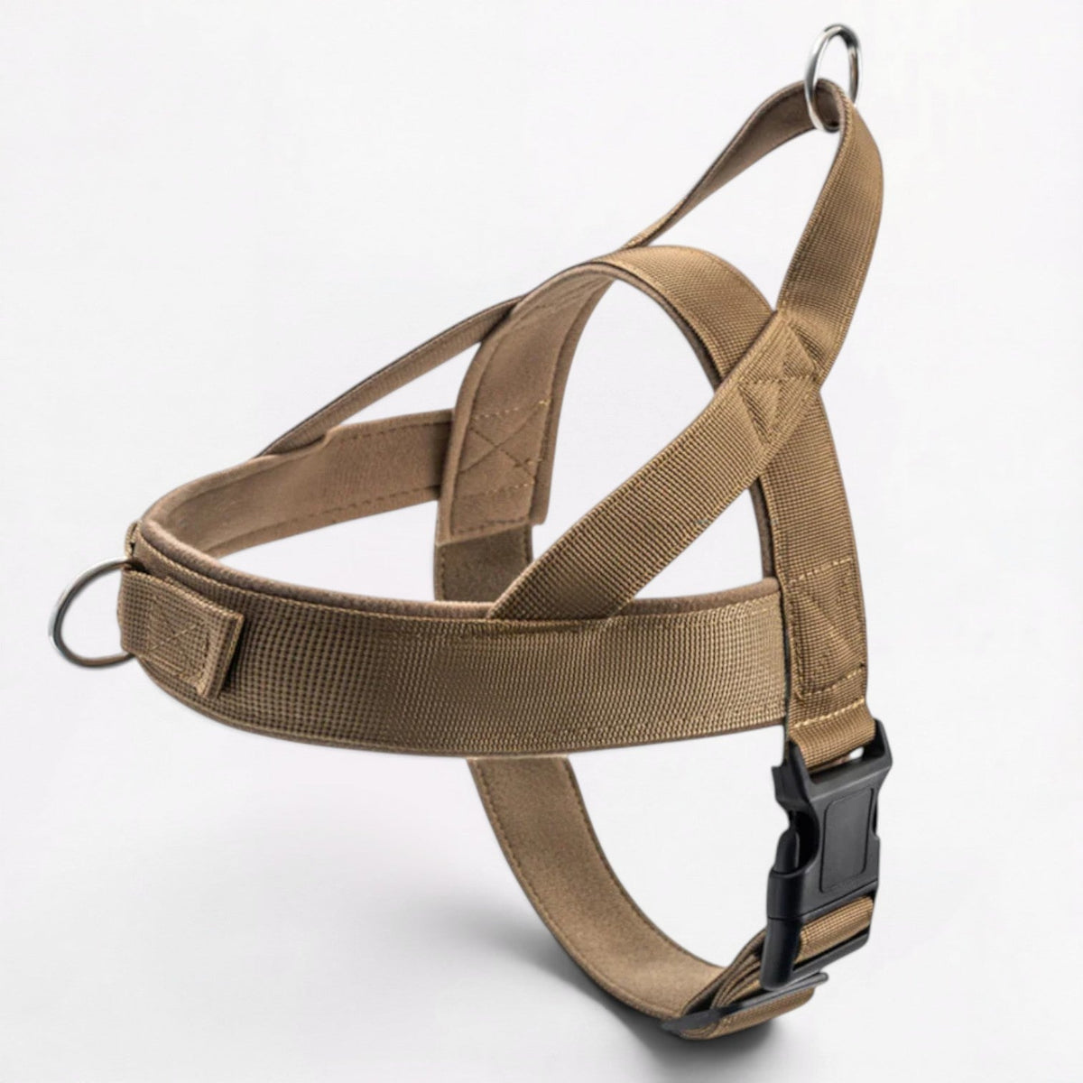 Frenchie harness with reinforced stitching and a solid metal round ring for the leash