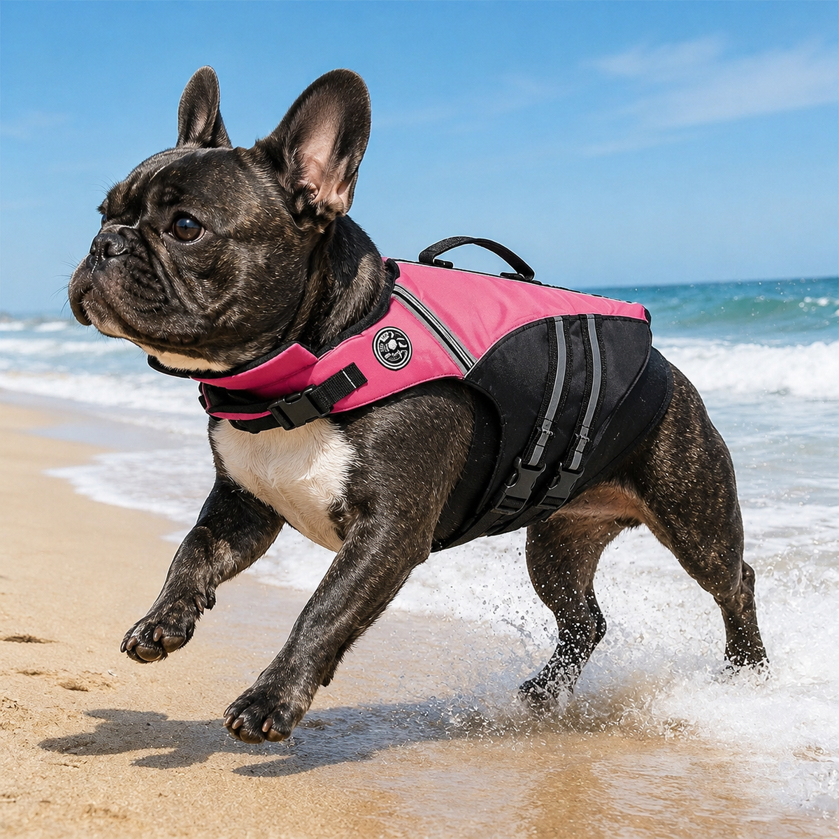 French Bulldog life jacket with quick-release buckles